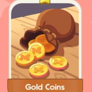 May include: A brown leather pouch spilling gold coins with the letter "M" on them. The pouch sits on a wooden surface, with several coins scattered around. The image has a cartoon style and a star at the top.