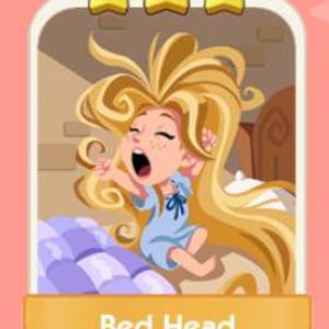 May include: A cartoon illustration of a character with long, flowing blonde hair, yawning and stretching in a light blue nightgown. The image is set against a peach background with a banner that reads "Bed Head". Three gold stars are at the top.