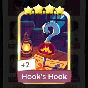 May include: A cartoon illustration of a pirate hook with a red and gold cap, a blue hook, and a treasure map. The text "Hook's Hook" is displayed below the image, with a plus two symbol.