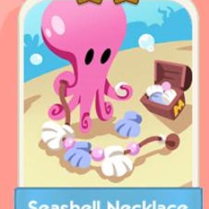 Puede incluir: Ilustración de dibujos animados de un pulpo rosa en una playa con un collar de conchas marinas. El collar tiene conchas blancas y cuentas rosas. Un cofre del tesoro con perlas y dos estrellas doradas también están en la imagen.