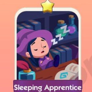 May include: Illustration of a sleeping apprentice wearing a purple wizard hat and robe, resting on a wooden shelf. The shelf holds books and potion bottles. The text "Sleeping Apprentice" is at the bottom of the image.