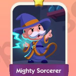 Può includere: Illustrazione di un cartone animato di un mago con cappello e veste blu, baffi bianchi e un dito puntato. Il mago emette energia blu. Il testo "Mighty Sorcerer" è visualizzato su uno striscione viola.