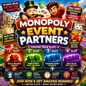 Peut inclure: Une publicité numérique pour Monopoly Event Partners avec la mascotte du jeu et un personnage de dessin animé. Le graphique comprend quatre emplacements numérotés avec des maisons rouges, vertes, bleues et violettes, et du texte promotionnel.