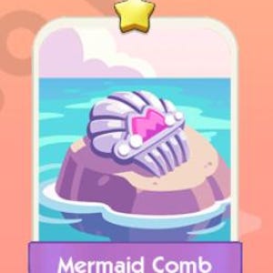 May include: Illustration of a mermaid comb with a pink gem, resting on a rock in the ocean. The comb is white and purple, with a star above the image. The text "Mermaid Comb" is below the image.