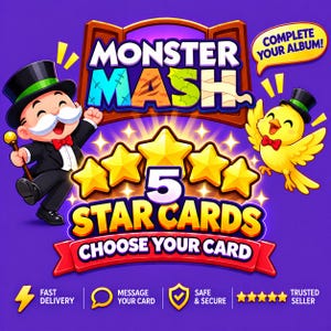 Könnte beinhalten: Eine digitale Grafik für Monster Mash mit einem Cartoon-Mann im Smoking und Zylinder mit Gehstock, einem gelben Vogel mit Zylinder, fünf großen gelben Sternen und dem Text Monster Mash, 5 Star Cards, Choose Your Card, Complete Your Album.