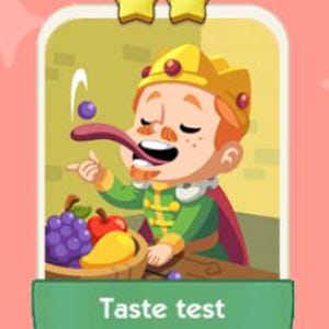 May include: A cartoon illustration of a king with a gold crown and green outfit tasting a blueberry. A basket of fruit, including grapes, apples, and mangoes, sits in front of him. The text "Taste test" is below the image.