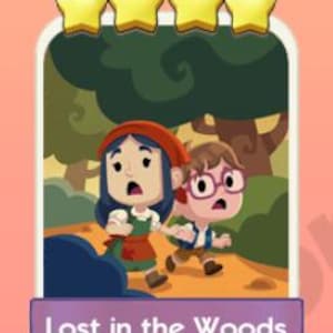 May include: A digital illustration of two cartoon characters, a girl with a red cap and a boy with glasses, running through a forest. The image has a title that reads "Lost in the Woods" and four gold stars at the top.