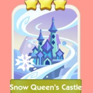 Könnte beinhalten: Eine digitale Illustration eines Schlosses mit der Aufschrift "Snow Queen's Castle" und drei goldenen Sternen darüber. Das Schloss ist blau und türkis, vor einer schneebedeckten Berglandschaft mit hellblauem Hintergrund.
