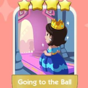 以下が含まれることがあります： 青いドレスと金の王冠をつけたお姫様の漫画イラスト。宮殿の入り口に立っています。画像はピンク色の背景で、下部に「Going to the Ball」というテキストと、上部に4つの金の星があります。