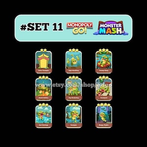 Op de afbeelding: Een digitale collectie van negen Monopoly GO Monster Mash spelkaarten gelabeld #SET 11. Elke kaart bevat een unieke illustratie van een groen moerasmonster met sterren, inclusief titels zoals Enter Swampie, Ugly Muckling en Swamp Hang.