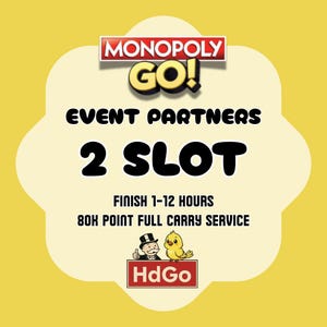 以下が含まれることがあります： Monopoly Go! Event Partnersの黄色いグラフィック広告。2 SLOT、FINISH 1-12 HOURS、80K POINT FULL CARRY SERVICE、HdGoというテキストが記載されています。デザインにはモノポリーのキャラクターと、赤い看板の上にいる小さな黄色い鳥が含まれています。
