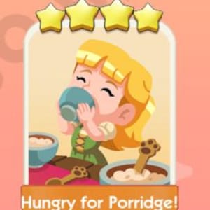 以下が含まれることがあります： 青いボウルから飲んでいる金髪の女の子の漫画イラスト。テーブルには2つのポリッジのボウルがあります。画像の下部には「Hungry for Porridge!」というテキストがあり、上部には4つの金の星があります。