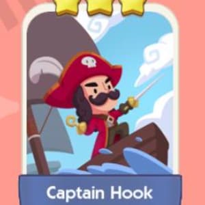 May include: A cartoon illustration of Captain Hook, a pirate character, standing on a small boat. He wears a red coat and hat, a black mustache, and holds a sword. The background shows a stormy sea and sky, with three gold stars above.