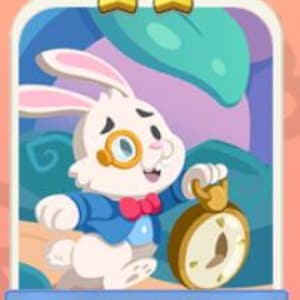 May include: A cartoon illustration of a white rabbit wearing a blue jacket, red bow tie, and monocle, holding a pocket watch. The background features a whimsical landscape with blue and green shapes, and two gold stars.