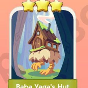 May include: A whimsical illustration of Baba Yaga's Hut, a cartoonish house with a thatched roof, perched on chicken legs. The hut has a small door, windows, and a chimney, set against a forest backdrop with three gold stars above.