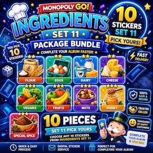 May include: A digital Monopoly Go game graphic for a 10 sticker package bundle from Set 11. The image displays various ingredient icons including flour, eggs, dairy, cheese, veggies, fruits, nuts, honey, and spices, with Monopoly character branding.