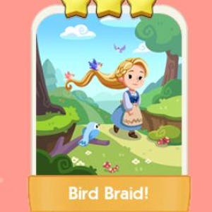 May include: A cartoon illustration of a blonde girl with a long braid, adorned with birds, walking through a forest. The image features a blue sky, trees, and the text "Bird Braid!" on a banner.