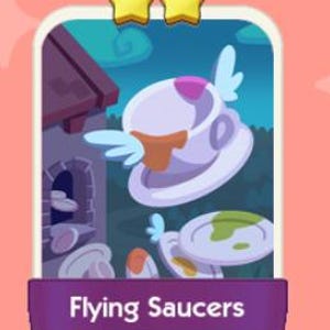 May include: A whimsical illustration of a flying teacup and saucer, with wings and spillage. The image is set against a cartoonish background with a building and clouds. The text "Flying Saucers" is displayed on a purple banner.