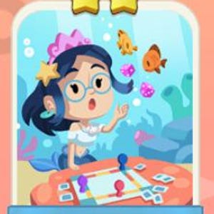 May include: A cartoon illustration of a mermaid-like character with glasses, reaching towards floating dice and fish. A board game is on a table labeled "Water Games". Two gold stars are at the top of the image.