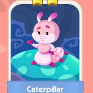 May include: A cartoon illustration of a pink caterpillar with a smiling face and raised arm. The caterpillar is standing on a blue and green mushroom-shaped object. The word "Caterpillar" is written in white on a blue banner.