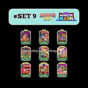 Puede incluir: Una colección digital de nueve cartas de juego Monopoly GO Monster Mash etiquetadas como #SET 9. Cada carta presenta coloridas ilustraciones de dibujos animados de personajes en varios escenarios temáticos de Halloween con títulos.