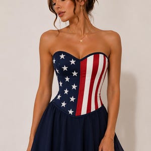 4th of july cocktail dress SAATLERI Womens 4th of July Dresses Retro Spaghetti Strap American Flag Midi Dress Summer Cocktail A-line Swing Dress