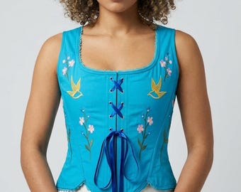 Top corsé bordado turquesa, blusa corsé floral con cordones, top cottagecore fairycore, corsé de estilo vintage