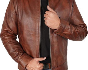 Chaqueta de motociclista de piel auténtica para hombre, cuello clásico, estilo minimalista.