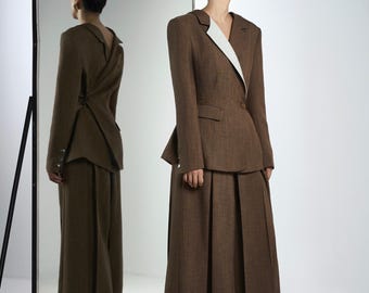Earth Brown Structured Blazer Suit – Wide-Shoulder Blazer & High-Waisted Wide-Leg Pants For Woman, Luxury Evening Outfit