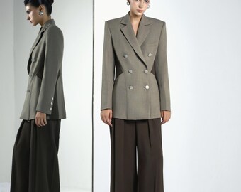 Deep Lapel Tailored Blazer & Pleated Wide-Leg Trousers Set | Structured Modern Suit For Woman