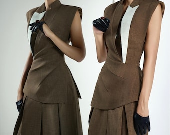 Earth Brown Tailored Vest Suit – Reversed Lapel Gilet Blazer & High-Waisted Wide-Leg Pants For Woman