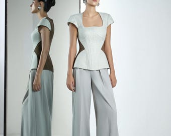 Oatmeal Wool Felt Top and Tailored Trousers Set For Woman, Sculpted Women’s Outfit, Elegant Workwear, Minimalist Fashion, Chic Co-ord Set