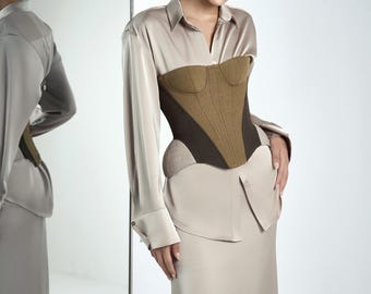 Olive Silk Corset Set - Structured Boned Corset, Maxi Skirt For Woman, Luxury Evening Outfit