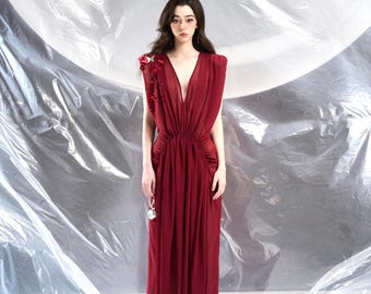 Burgundy Chiffon Maxi Gown, Open Back Tie, Butterfly Embellished Shoulder, Padded Shoulder Evening Wear, Sheer Red Formal Outfit For Woman