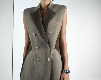 Deep Overlap Tailored Vest & Skort Set | Structured Modern Blazer Look For Woman, Evening Outfit