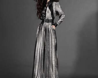Silver Black Sequin Pleated Top & Pants Set – Sparkling Two-Piece Outfit, Glamorous Evening Wear For Woman