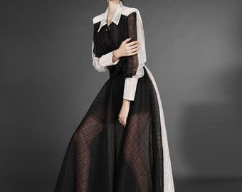 Elegant Two-Tone Mesh Grid Dress – White & Black Sheer Top with Lined Skirt, Modern Statement Fashion For Woman
