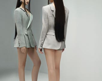 Blazer & Skort Set For Woman, Grey Beige Snow Twill, Modern Tailored Look, Luxury Evening Outfit