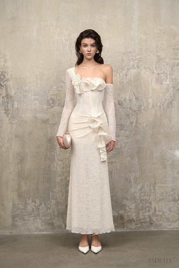 Silent Ivory Bloom Dress for Woman, Luxury Evening Outfit, Loosely Knitted Fabric, 4-way Stretch