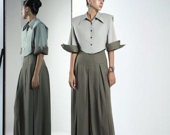 Matte Silk-like Twill Crop Shirt, Textured Khaki Wide-Leg Pants, Women's Evening Outfit