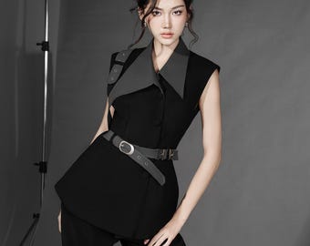 Black Tailored Pants, Crossbody Vest Set with Gray Accents, Padded Shoulders & Silk Lining, Belted Waist Outfit For Woman