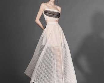 Two-Tone Mesh Grid Dress with Silk Overlay – Layered Square Mesh Top with Lined Skirt, Elegant Modern Outfit For Woman