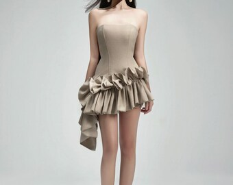 Camel Scuba Dress, Structured Ruffle Hem, Molded Cups, Steel Boning, Evening Outfit