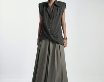 Twisted Hem Gilet Shirt & High-Waist Pleated Trousers Set For Woman, Luxury Evening Outfit
