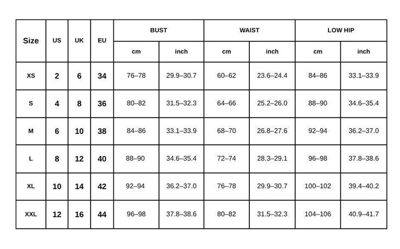 Puede incluir: Una tabla de conversi&oacute;n de tallas de ropa en blanco y negro, con columnas para las tallas XS a XXL, US, UK y EU, junto con medidas de busto, cintura y cadera en cent&iacute;metros y pulgadas para un ajuste preciso de las prendas de vestir.