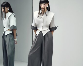 Minimal Twill Silk-Sheen Shirt & Snow-Texture Khaki Trousers Set | Modern Tailored Unisex Outfit For Woman, Luxury Outfit