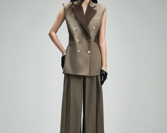 Ethereal Brown Tailored Vest & Trousers Set For Woman, Snow-textured Fabric, Luxury Outfit