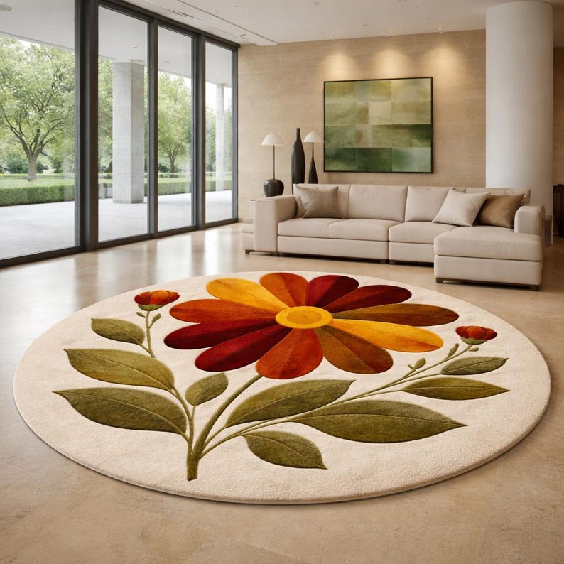 Hand Tufted Floral Round Rug | Beige Flower Teppich | Retro Boho Living ...