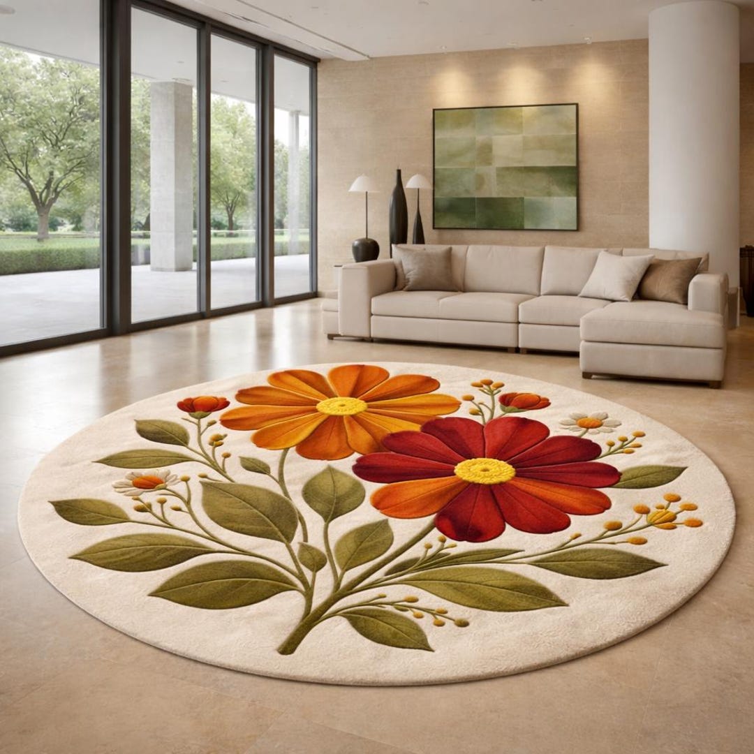 Hand Tufted Floral Round Rug | Beige Flower Teppich | Retro Boho Living ...