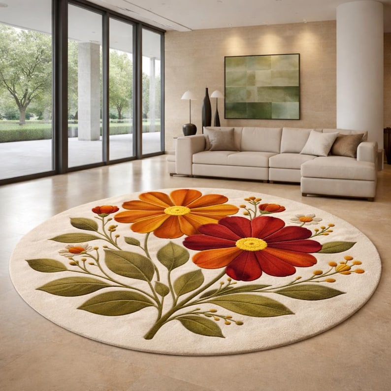 Hand Tufted Floral Round Rug | Beige Flower Teppich | Retro Boho Living ...